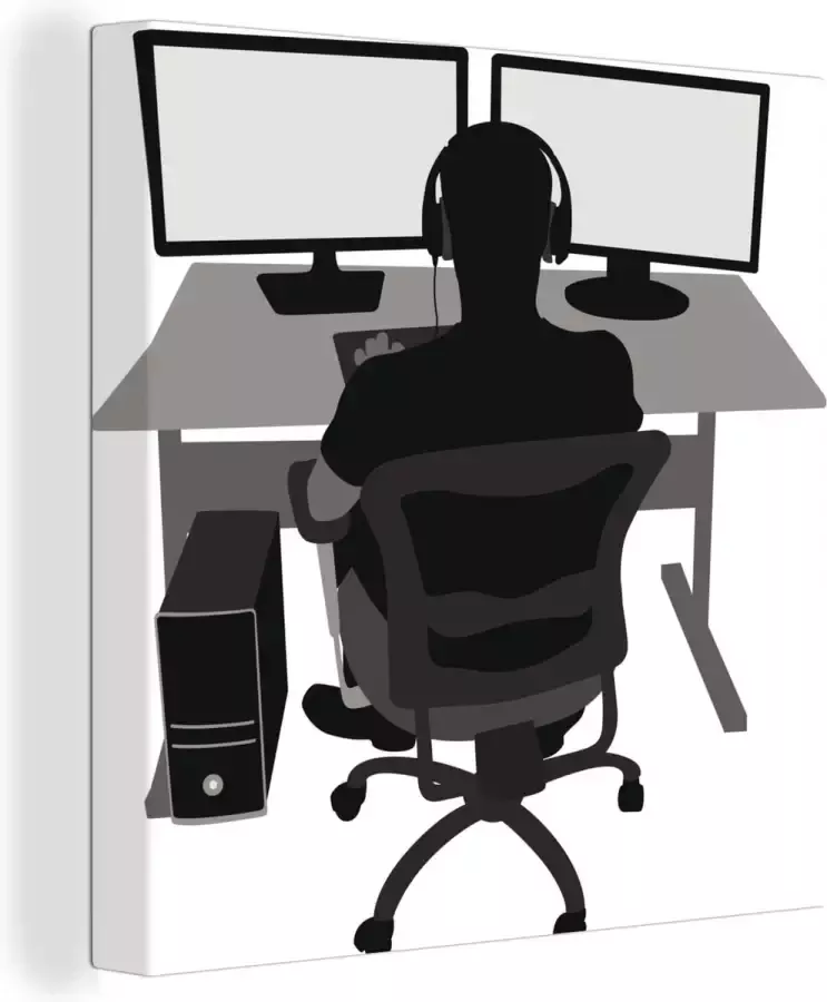 OneMillionCanvasses Canvas Schilderij Gamer Computer Bureau Illustratie 20x20 cm Wanddecoratie