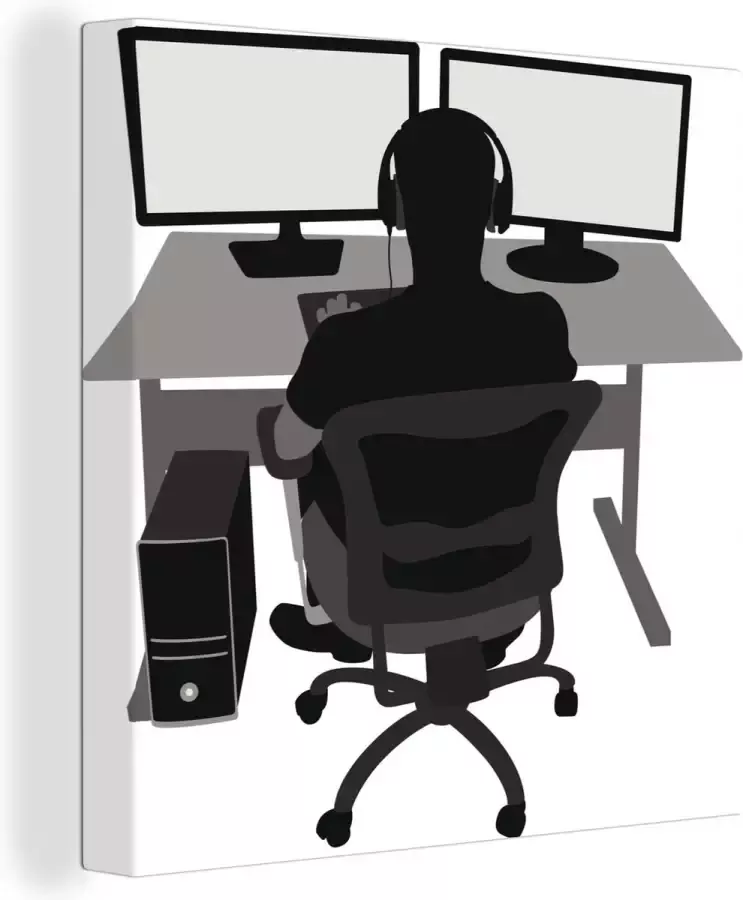 OneMillionCanvasses Canvas Schilderij Gamer Computer Bureau Illustratie 50x50 cm Wanddecoratie