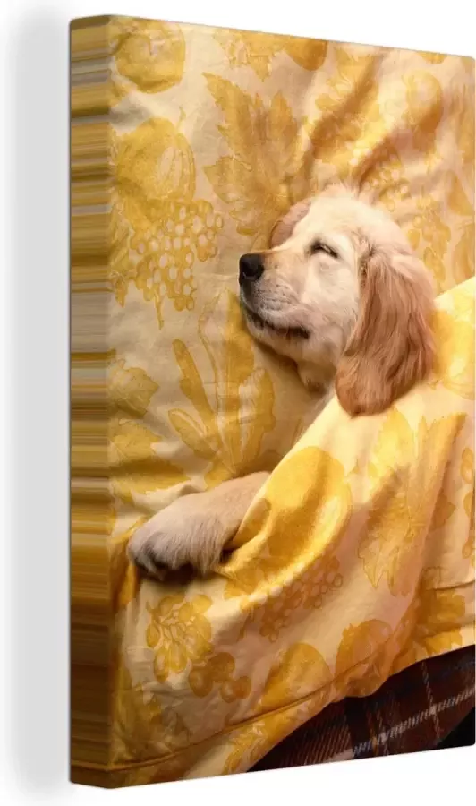 OneMillionCanvasses Canvas Schilderij Golden retriever pup ligt op bed 120x180 cm Wanddecoratie XXL