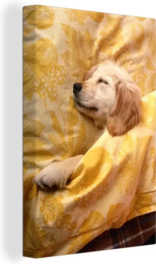 OneMillionCanvasses Canvas Schilderij Golden retriever pup ligt op bed 20x30 cm Wanddecoratie