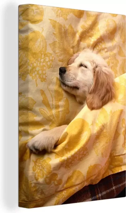 OneMillionCanvasses Canvas Schilderij Golden retriever pup ligt op bed 80x120 cm Wanddecoratie