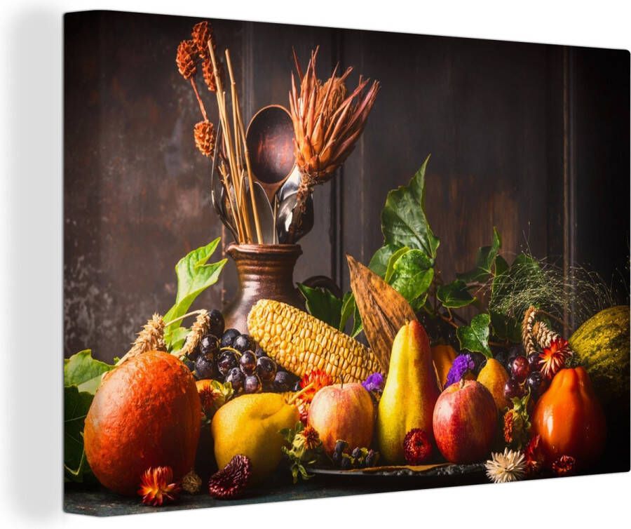 OneMillionCanvasses Canvas Schilderij Groente Fruit Rustiek Tafel 120x80 cm Wanddecoratie