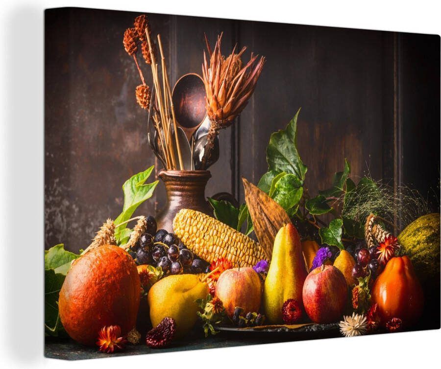 OneMillionCanvasses Canvas Schilderij Groente Fruit Rustiek Tafel 120x80 cm Wanddecoratie - Foto 2