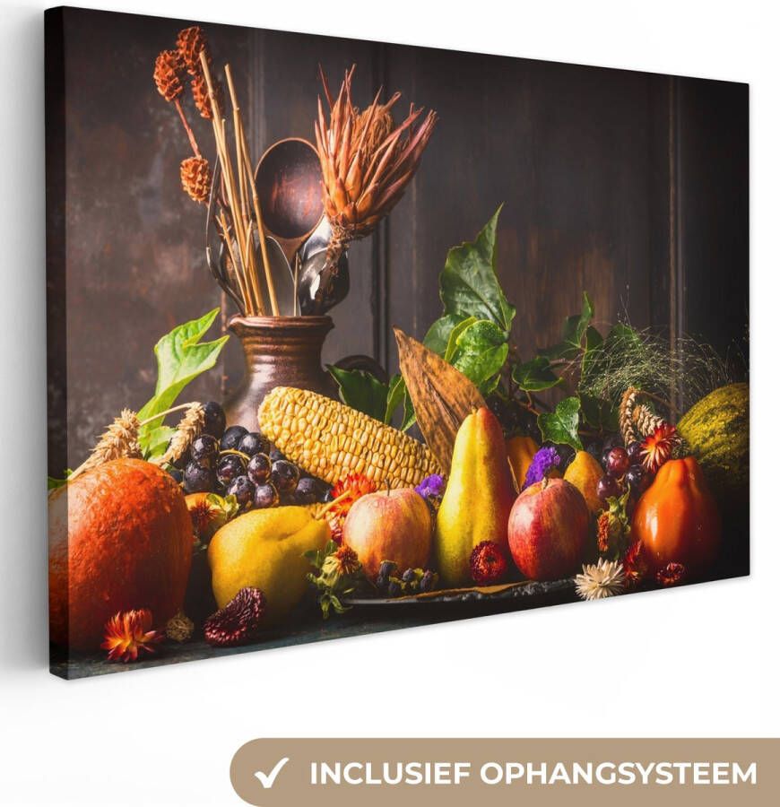 OneMillionCanvasses Canvas Schilderij Groente Fruit Rustiek Tafel 150x100 cm Wanddecoratie