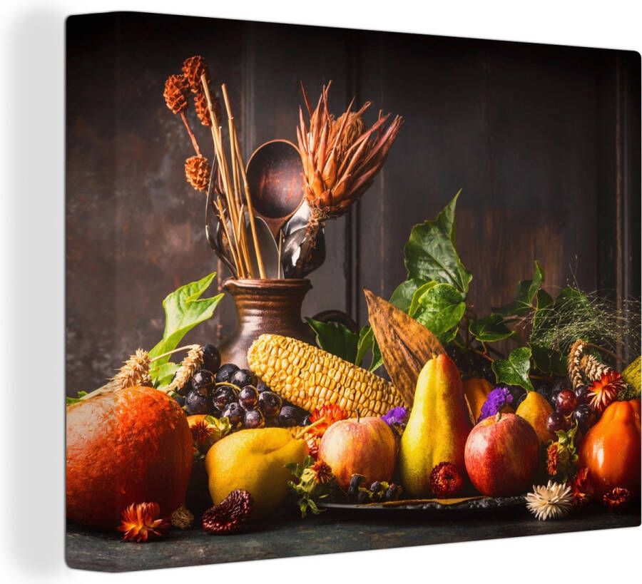 OneMillionCanvasses Canvas Schilderij Groente Fruit Rustiek Tafel 160x120 cm Wanddecoratie XXL - Foto 1