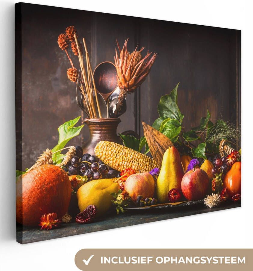 OneMillionCanvasses Canvas Schilderij Groente Fruit Rustiek Tafel 160x120 cm Wanddecoratie XXL