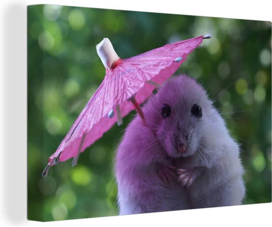 OneMillionCanvasses Canvas Schilderij Hamster met een roze parasol 60x40 cm Wanddecoratie