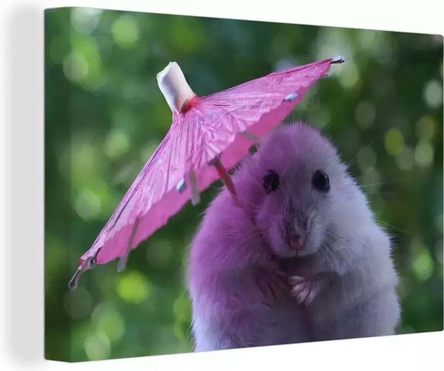 OneMillionCanvasses Canvas Schilderij Hamster met een roze parasol 90x60 cm Wanddecoratie
