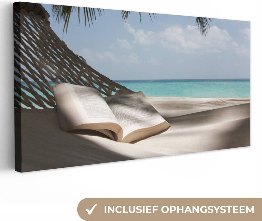 OneMillionCanvasses Canvas Schilderij Hangmat Boek Strand 40x20 cm Wanddecoratie