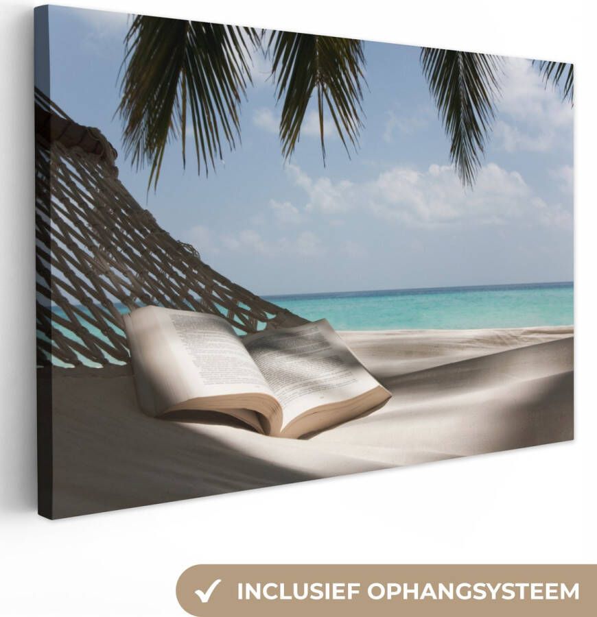 OneMillionCanvasses Canvas Schilderij Hangmat Boek Strand 90x60 cm Wanddecoratie
