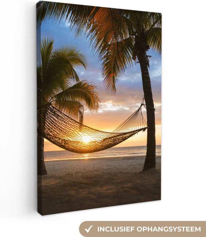 OneMillionCanvasses Canvas Schilderij Hangmat op het Caribische strand 60x90 cm Wanddecoratie