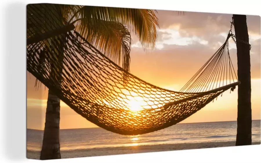 OneMillionCanvasses Canvas schilderij 160x80 cm Wanddecoratie Hangmat op strand tijdens zonsondergang in Jamaica Muurdecoratie woonkamer Slaapkamer decoratie Kamer accessoires Schilderijen - Foto 1