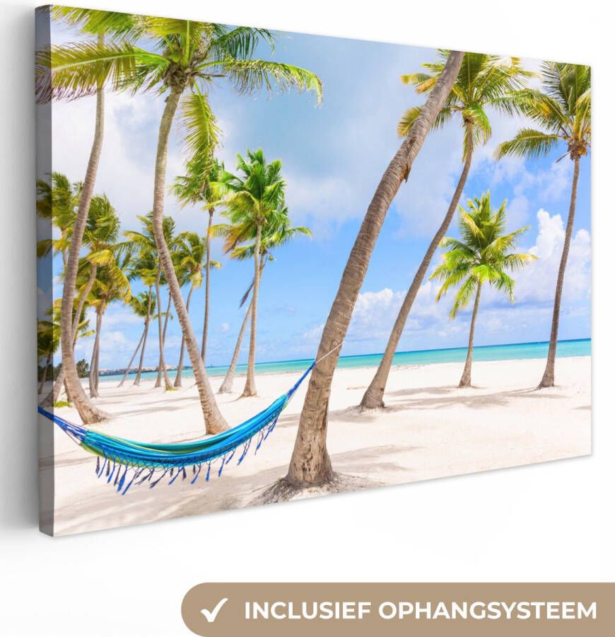OneMillionCanvasses Canvas Schilderij Hangmat Strand Palmbomen 90x60 cm Wanddecoratie
