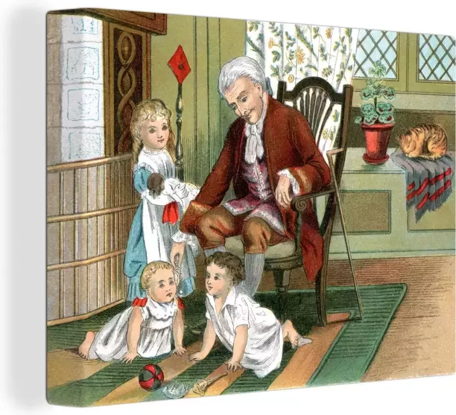 OneMillionCanvasses Canvas Schilderij Illustratie van een kinderkamer met drie kinderen en een volwassen persoon in een stoel 40x30 cm Wanddecoratie