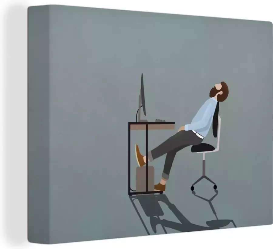 OneMillionCanvasses Canvas Schilderij Illustratie van een vermoeide man achter zijn bureau 80x60 cm Wanddecoratie