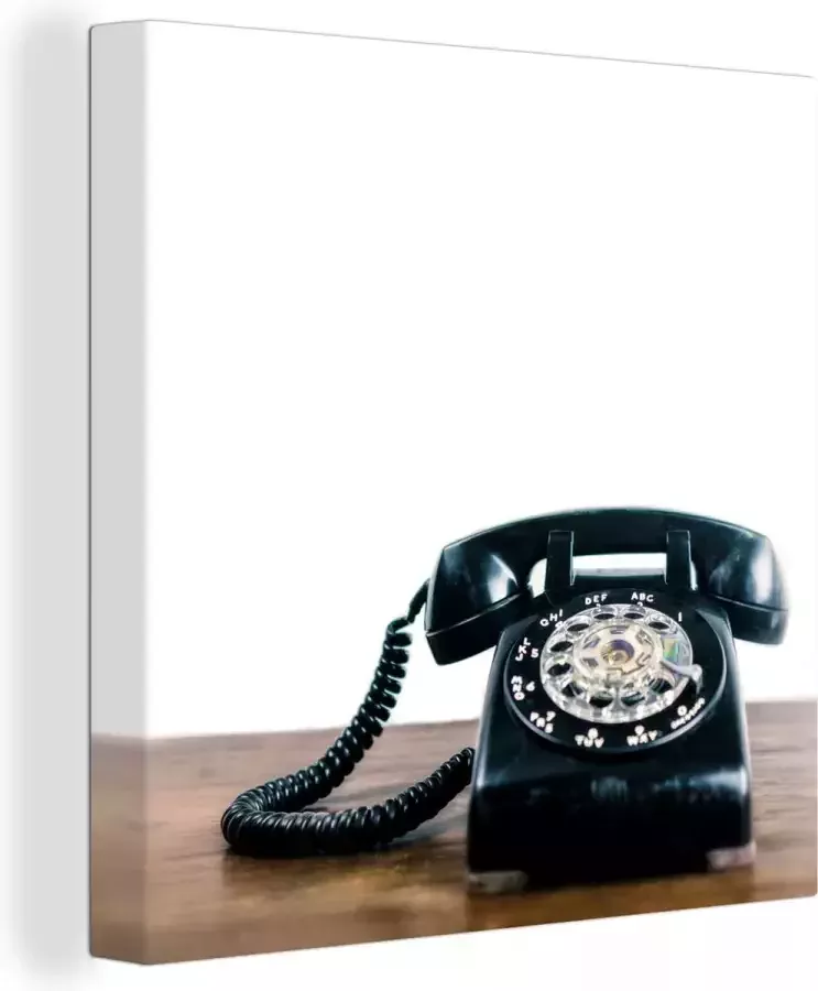 OneMillionCanvasses Canvas Schilderij Illustratie van een zwarte retro telefoon op een houten tafel 20x20 cm Wanddecoratie
