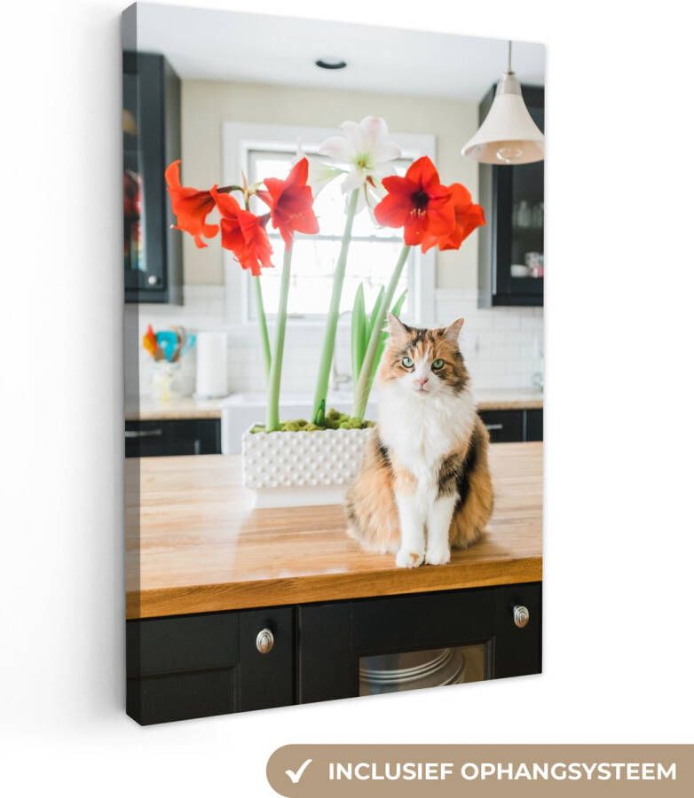 OneMillionCanvasses Canvas Schilderij Kat Bloemen Tafel 20x30 cm Wanddecoratie