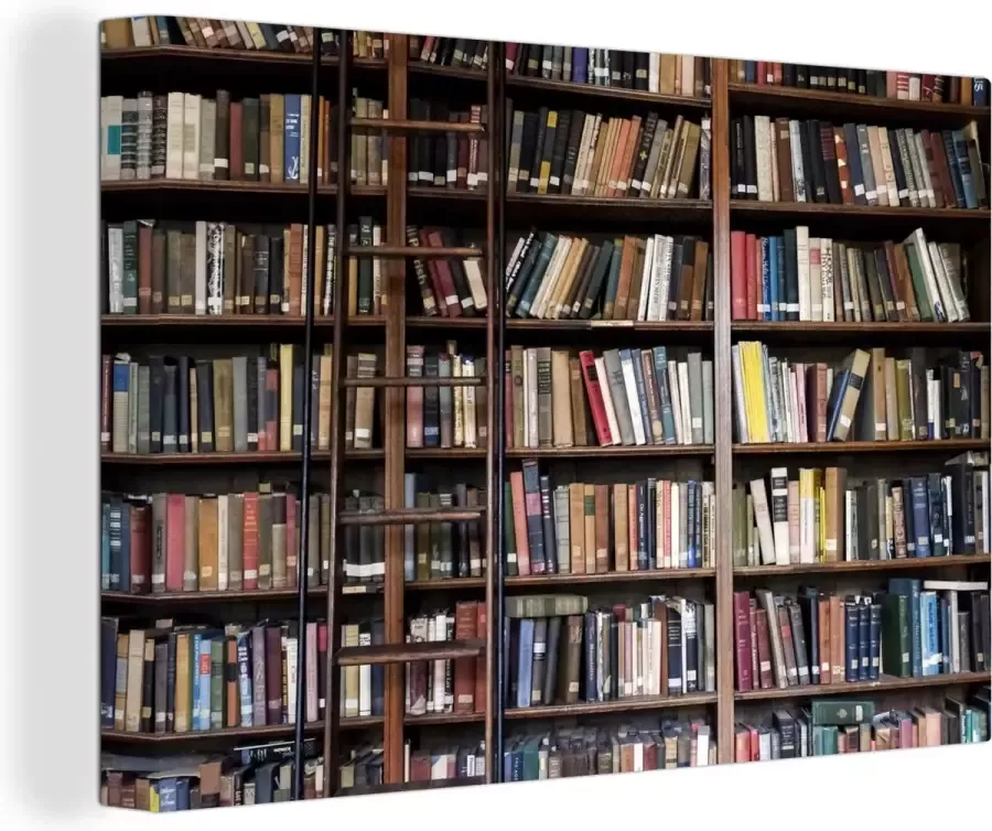 OneMillionCanvasses Canvas Schilderij Ladder tegen een boekenkast in de bibliotheek 150x100 cm Wanddecoratie