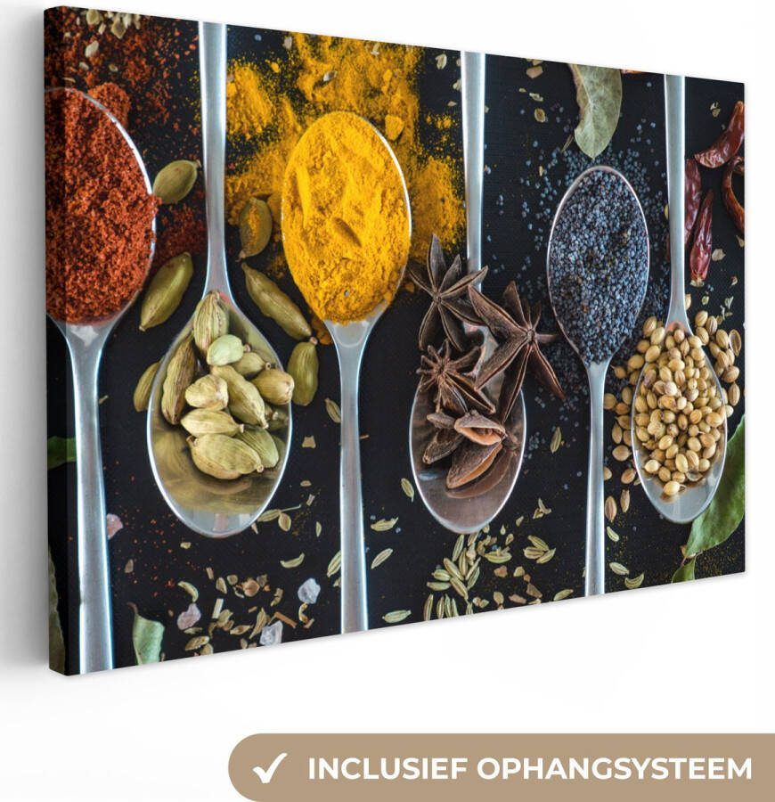 OneMillionCanvasses Canvas Schilderij Lepel Specerijen Kruiden Eten Tafel 120x80 cm Wanddecoratie
