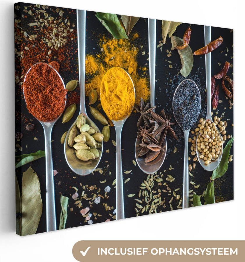 OneMillionCanvasses Canvas Schilderij Lepel Specerijen Kruiden Eten Tafel 80x60 cm Wanddecoratie