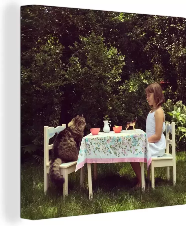 OneMillionCanvasses Canvas Schilderij Meisje Kat Tafel 90x90 cm Wanddecoratie