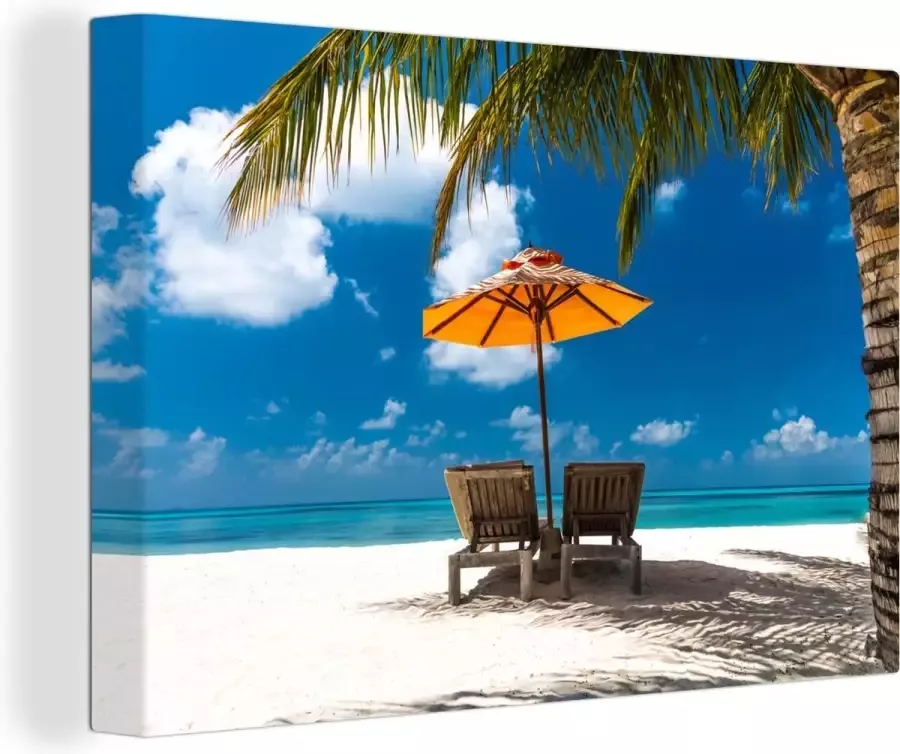 OneMillionCanvasses Canvas Schilderij Palm Parasol Strandstoel 120x80 cm Wanddecoratie