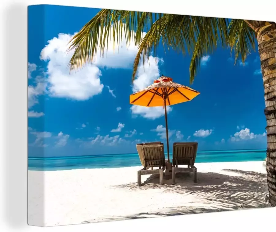 OneMillionCanvasses Canvas Schilderij Palm Parasol Strandstoel 140x90 cm Wanddecoratie