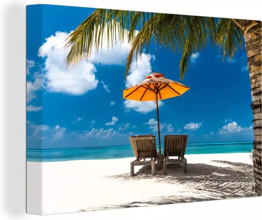 OneMillionCanvasses Canvas Schilderij Palm Parasol Strandstoel 150x100 cm Wanddecoratie