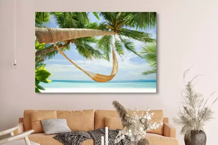 OneMillionCanvasses Canvas Schilderij Palmbomen Hangmat Zomer Zee 180x120 cm Wanddecoratie XXL