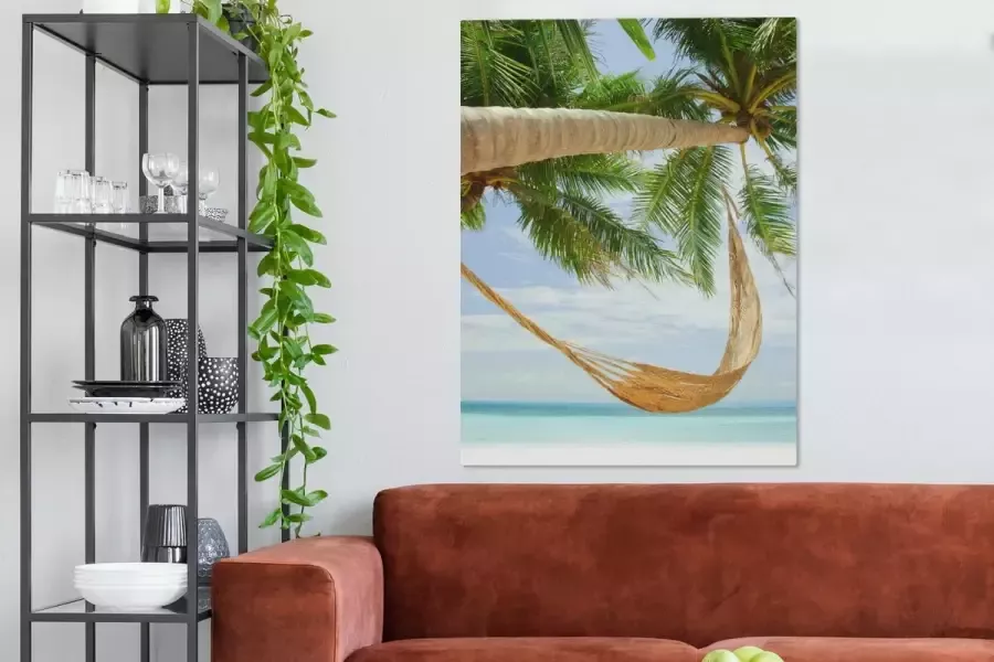 OneMillionCanvasses Canvas Schilderij Palmbomen Hangmat Zomer Zee 90x120 cm Wanddecoratie