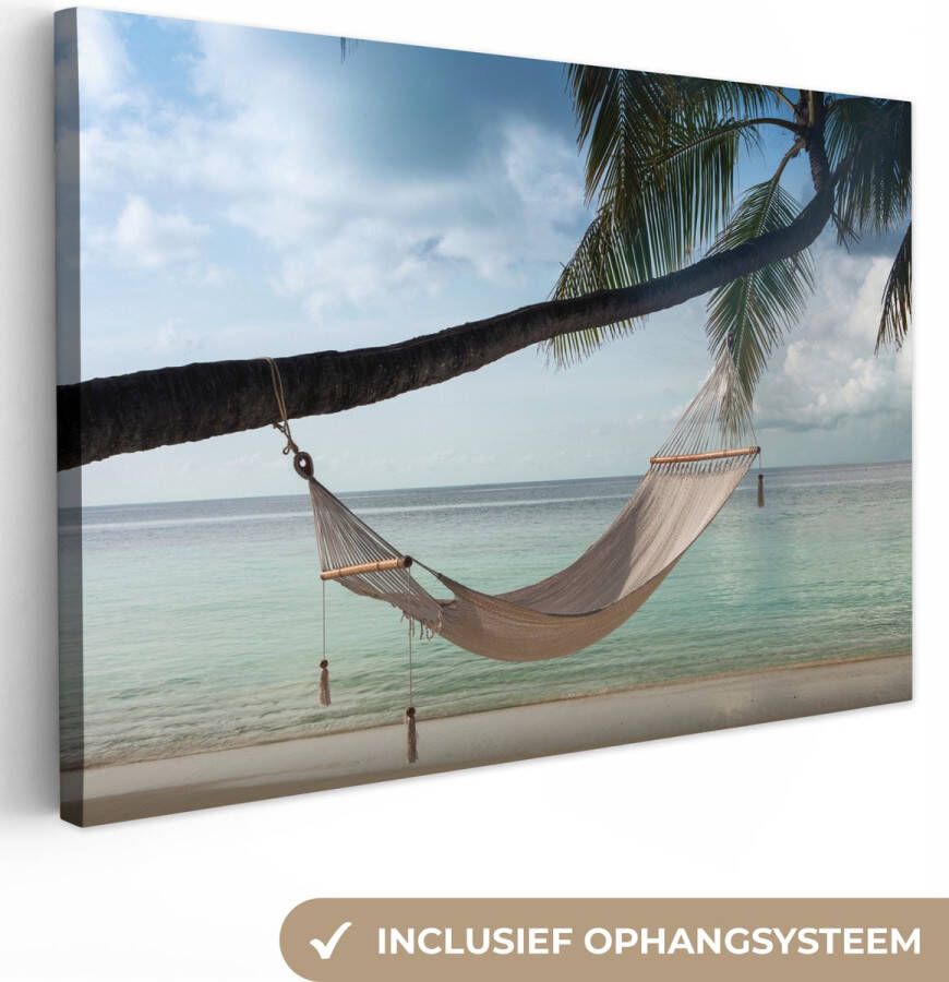 OneMillionCanvasses Canvas schilderij 150x100 cm Wanddecoratie Palmboom Hangmat Strand Muurdecoratie woonkamer Slaapkamer decoratie Kamer accessoires Schilderijen