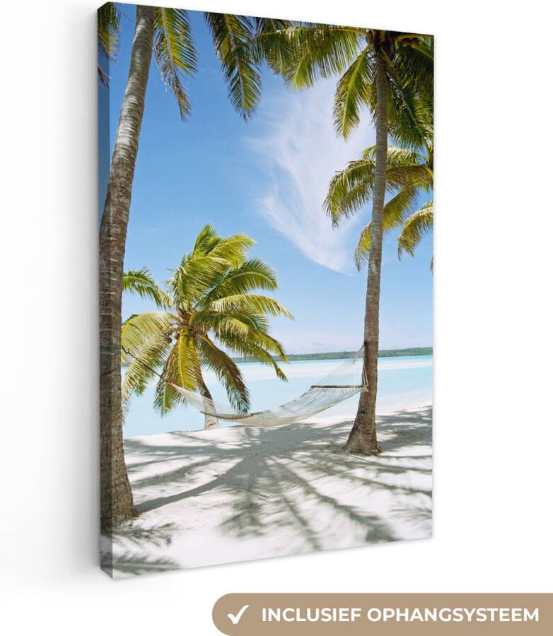 OneMillionCanvasses Canvas Schilderij Palmboom Hangmat Zand 120x180 cm Wanddecoratie XXL - Foto 1