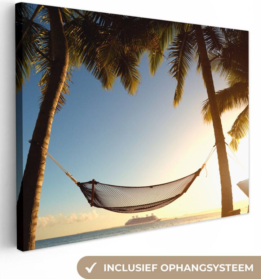 OneMillionCanvasses Canvas Schilderij Palmboom Hangmat Zonsondergang 40x30 cm Wanddecoratie