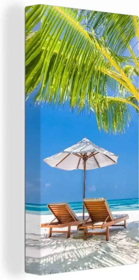 OneMillionCanvasses Canvas Schilderij Palmboom Strandstoel Parasol 20x40 cm Wanddecoratie