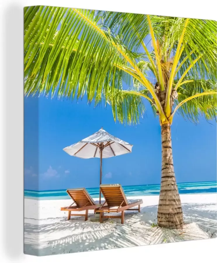 OneMillionCanvasses Canvas Schilderij Palmboom Strandstoel Parasol 50x50 cm Wanddecoratie