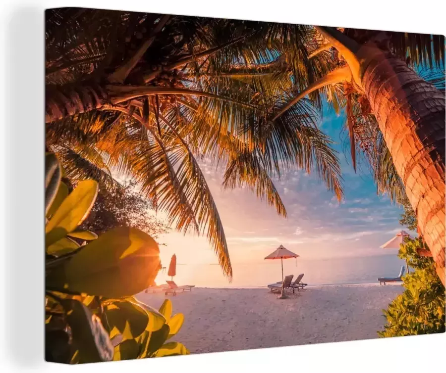 OneMillionCanvasses Canvas schilderij 140x90 cm Wanddecoratie Parasol Stoelen Strand Muurdecoratie woonkamer Slaapkamer decoratie Kamer accessoires Schilderijen