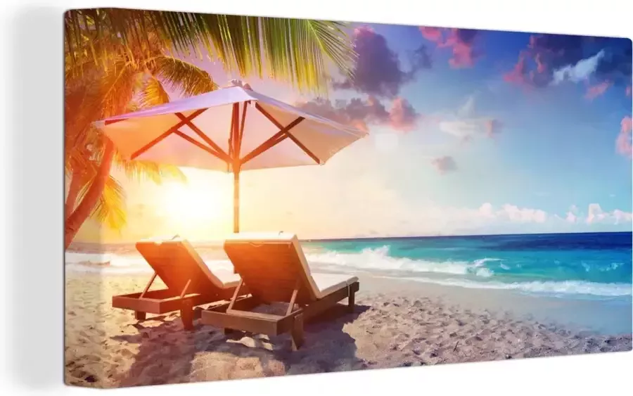 OneMillionCanvasses Canvas Schilderij Parasol Stoelen Strand 40x20 cm Wanddecoratie - Foto 2