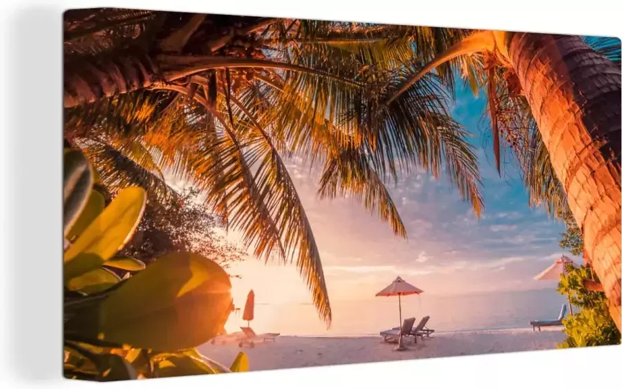 OneMillionCanvasses Canvas Schilderij Parasol Stoelen Strand 40x20 cm Wanddecoratie
