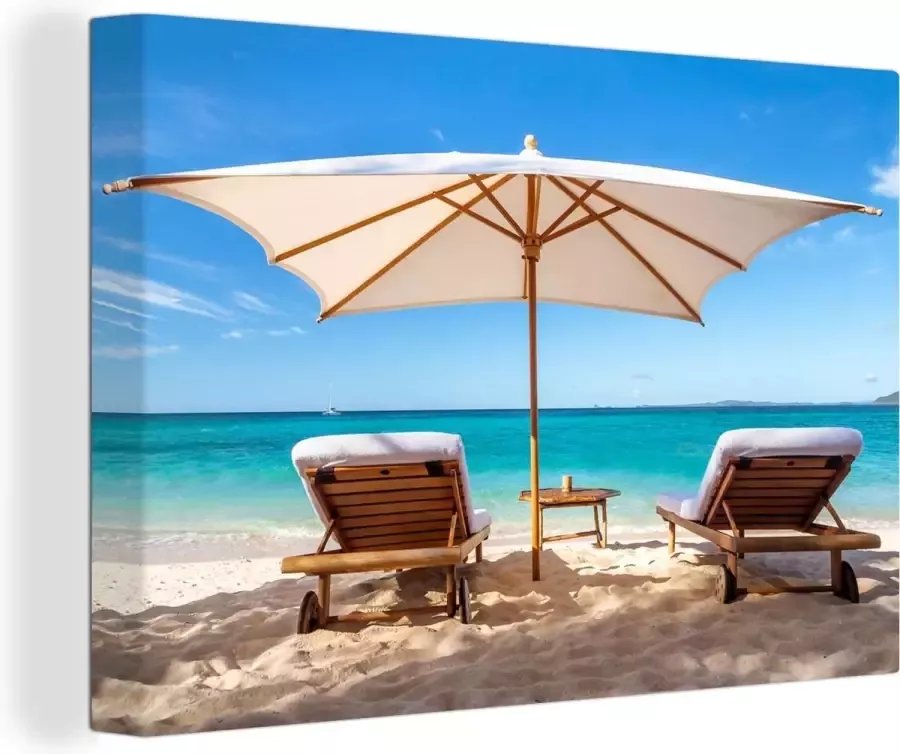 OneMillionCanvasses Canvas Schilderij Parasol Strand Strandstoel 120x80 cm Wanddecoratie