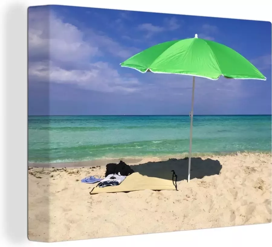 OneMillionCanvasses Canvas Schilderij Parasol Strand Zand 120x90 cm Wanddecoratie