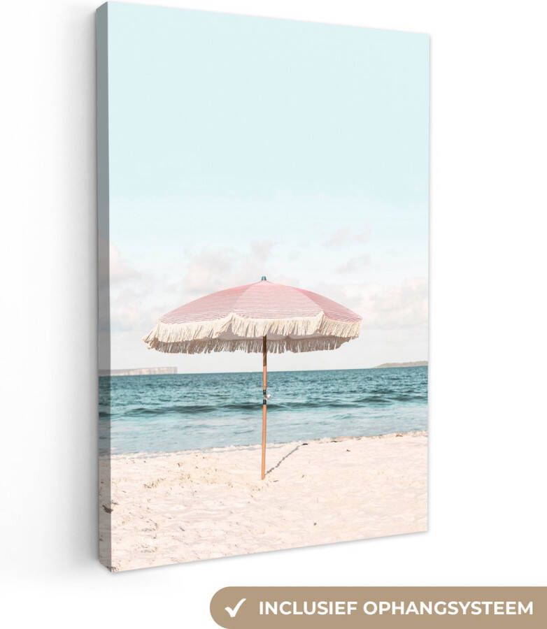 OneMillionCanvasses Canvas Schilderij Parasol Strand Zee Wolken 120x180 cm Wanddecoratie XXL