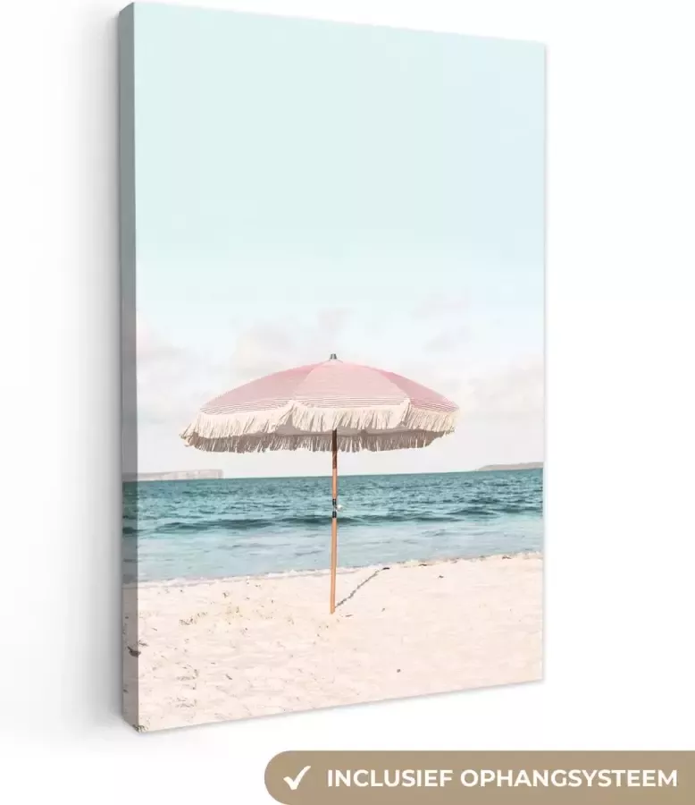 OneMillionCanvasses Canvas Schilderij Parasol Strand Zee Wolken 120x180 cm Wanddecoratie XXL