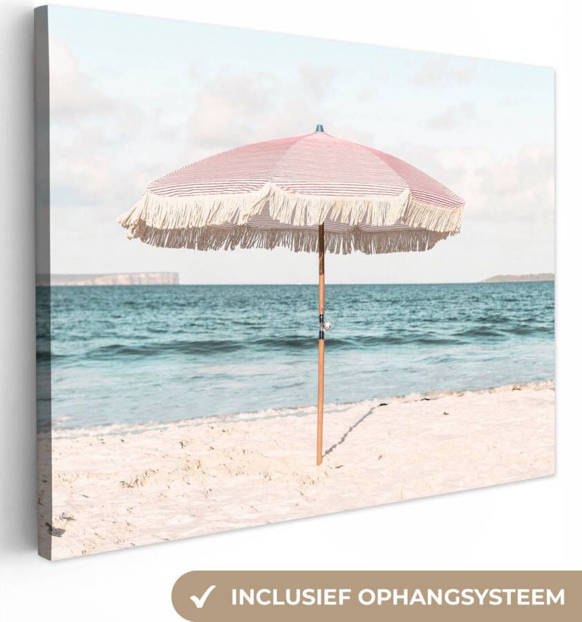 OneMillionCanvasses Canvas Schilderij Parasol Strand Zee Wolken 120x90 cm Wanddecoratie - Foto 1