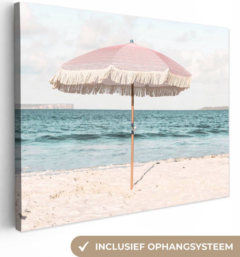 OneMillionCanvasses Canvas Schilderij Parasol Strand Zee Wolken 160x120 cm Wanddecoratie XXL - Foto 1