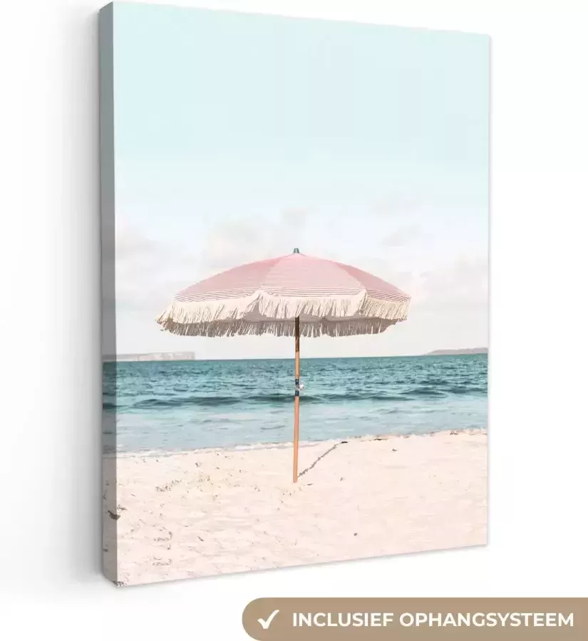 OneMillionCanvasses Canvas schilderij 60x80 cm Wanddecoratie Parasol Strand Zee Wolken Muurdecoratie woonkamer Slaapkamer decoratie Kamer accessoires Schilderijen op canvas