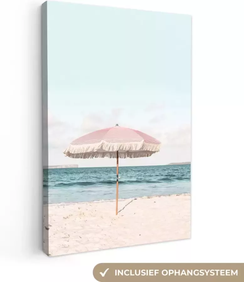 OneMillionCanvasses Canvas Schilderij Parasol Strand Zee Wolken 90x140 cm Wanddecoratie