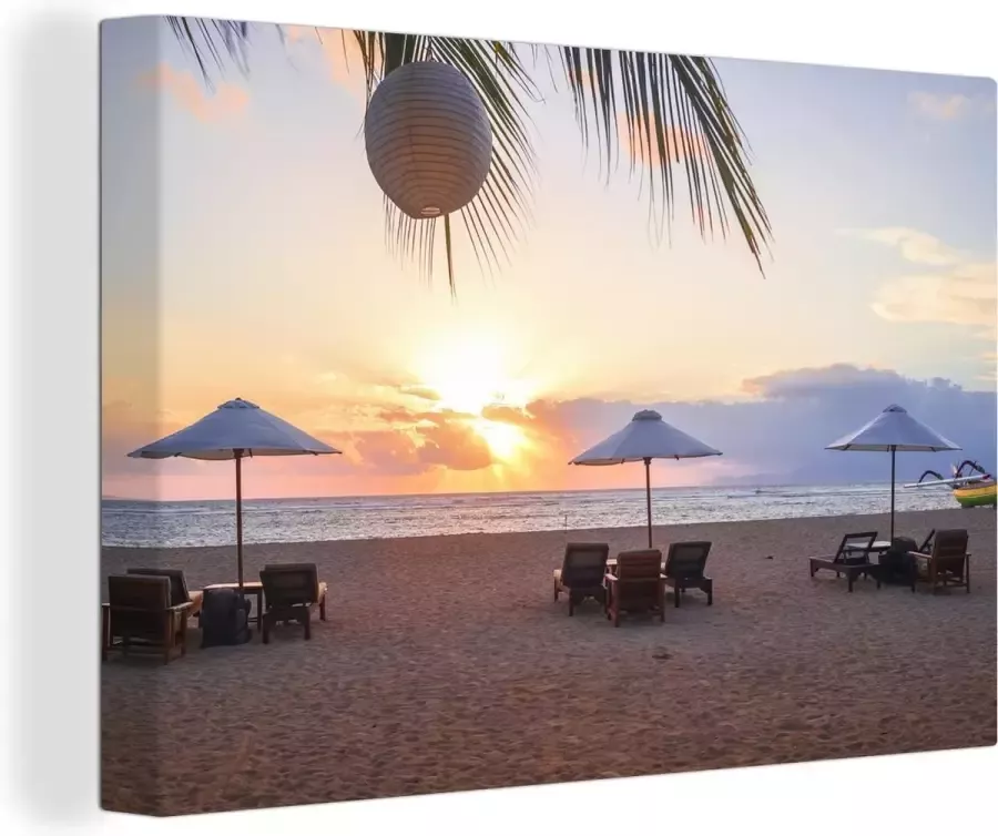 OneMillionCanvasses Canvas Schilderij Parasol Zonsondergang Palm 120x80 cm Wanddecoratie