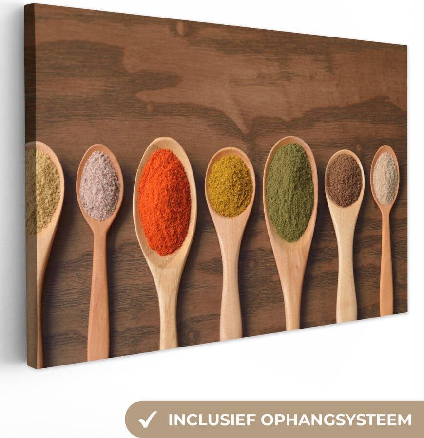 OneMillionCanvasses Canvas Schilderij Pollepel Kruiden Eten Specerijen Tafel 120x80 cm Wanddecoratie
