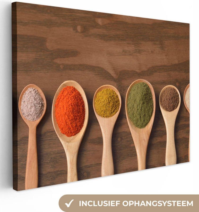 OneMillionCanvasses Canvas Schilderij Pollepel Kruiden Eten Specerijen Tafel 120x90 cm Wanddecoratie