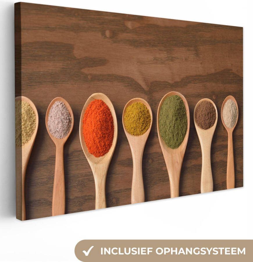 OneMillionCanvasses Canvas Schilderij Pollepel Kruiden Eten Specerijen Tafel 90x60 cm Wanddecoratie